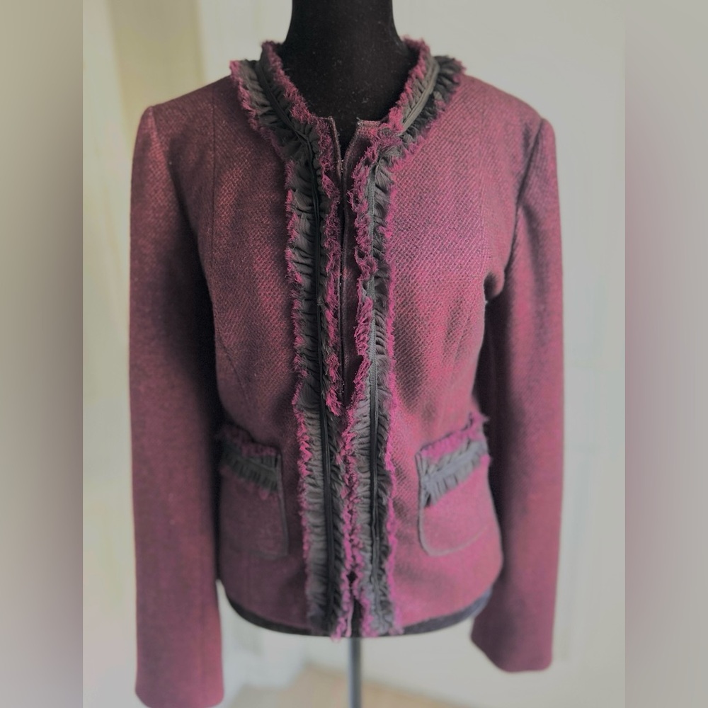 Spense Women’s Lined Burgundy Ruffle Front Knit Blazer Size M